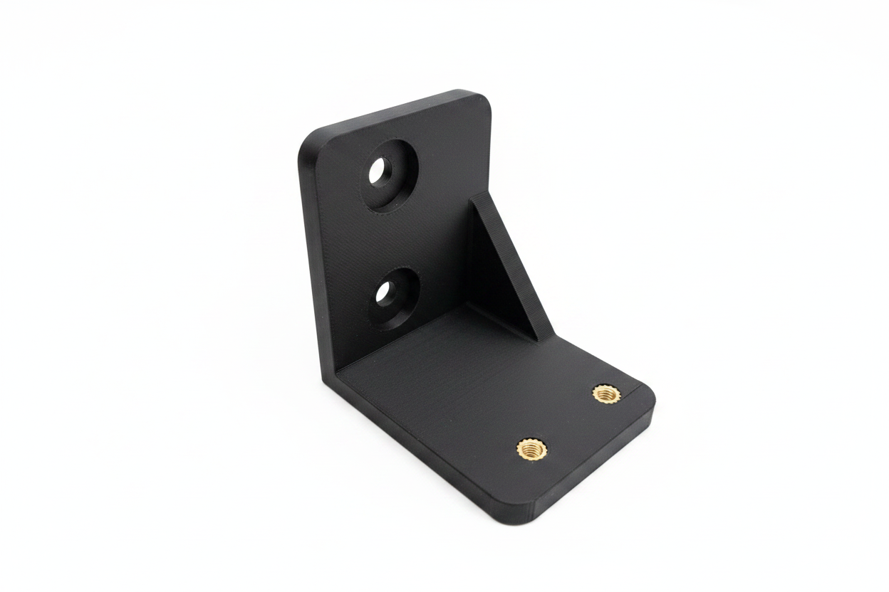 Structural L-bracket with brass heat-set inserts